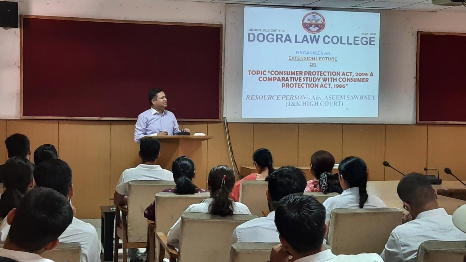 DLC organized Extension Lecture on the topic "Consumer Protection Act 2019: A Comparative Study with Consumer Protection Act1986" by Adv. Aseem Sewhney (J&K High Court)"